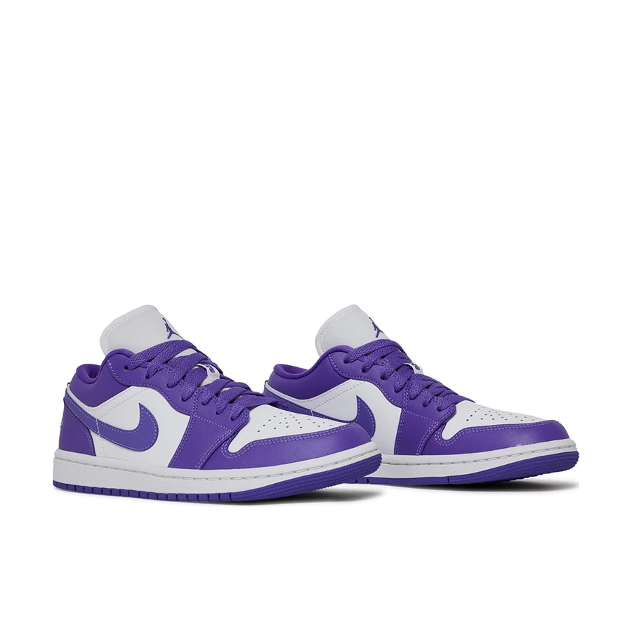 A pair of women's Nike Air Jordan 1 Low sneakers in white and purple