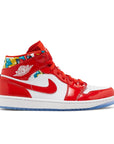 Side of the Nike Air Jordan 1 Mid Barcelona basketball shoes red and white