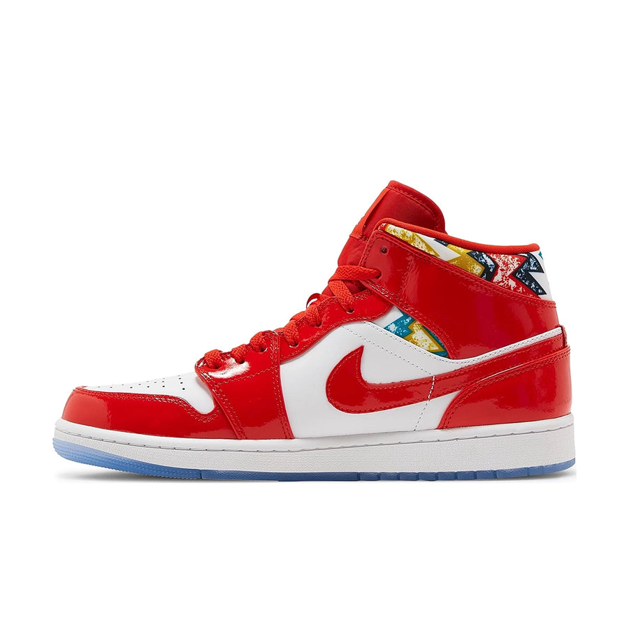 Side of the Nike Air Jordan 1 Mid Barcelona basketball shoes red and white