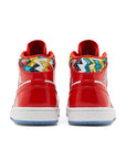 Heels of the Nike Air Jordan 1 Mid Barcelona basketball shoes red and white