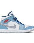 Side of Nike Jordan Air 1 mid basketball shoes are in a blue and fiery red colourway.