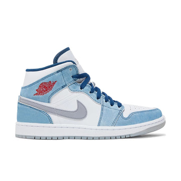 Side of Nike Jordan Air 1 mid basketball shoes are in a blue and fiery red colourway.