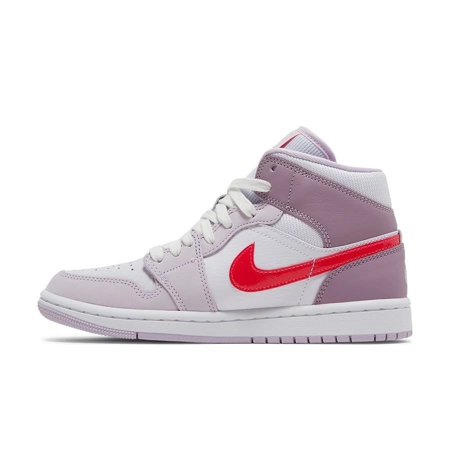 Side of the Jordan 1 Mid Valentine's Day (2022) (w) is in a pink and red colourway