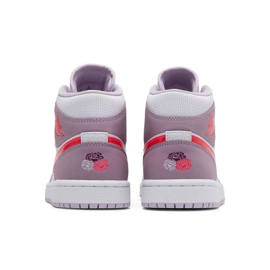 Heels of the Jordan 1 Mid Valentine's Day (2022) (w) is in a pink and red colourway