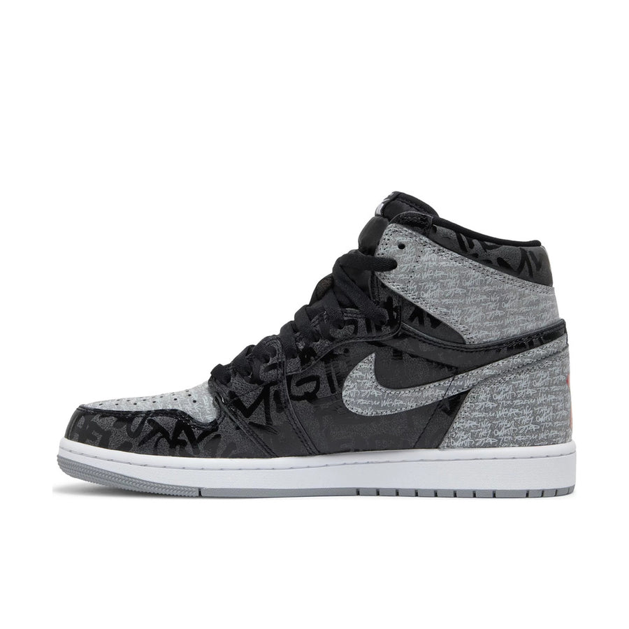 Side of Nike Air Jordan 1 basketball shoes in black grey and red rebellionaire colour