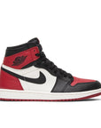 Side of the Nike Air Jordan 1 Retro High Bred Toe Michael Jordans black and red