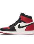 Side of the Nike Air Jordan 1 Retro High Bred Toe Michael Jordans black and red