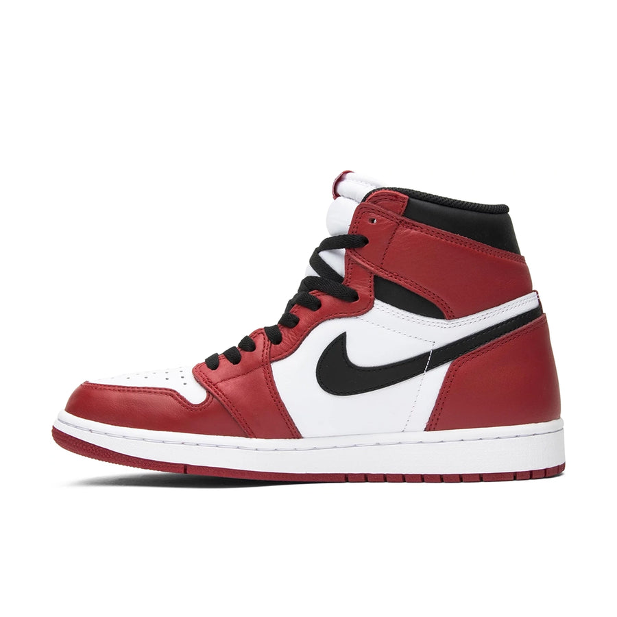Side of the Nike Air Jordan 1 High Chicago 2015 basketball shoes in black, red and white