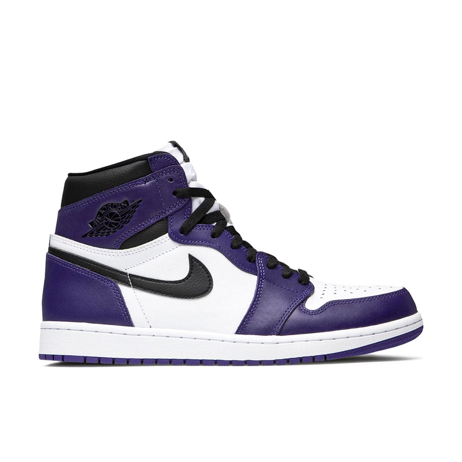 Side of the Nike Air Jordan 1 Retro High Court Purple White basketball shoes in white and purple