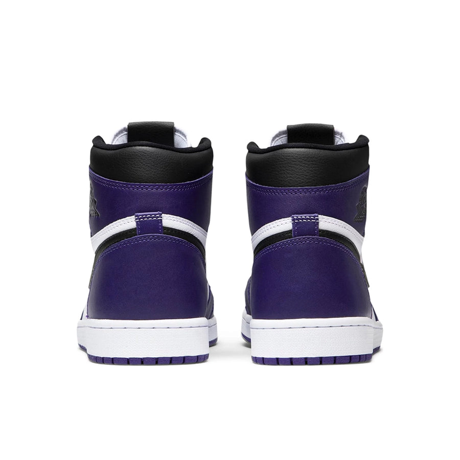 Heels of the Nike Air Jordan 1 Retro High Court Purple White basketball shoes in white and purple