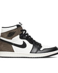 Side of the Nike Air Jordan 1 Retro High Dark Mocha Michael Jordans in white, black and mocha