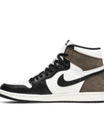 Side of the Nike Air Jordan 1 Retro High Dark Mocha Michael Jordans in white, black and mocha