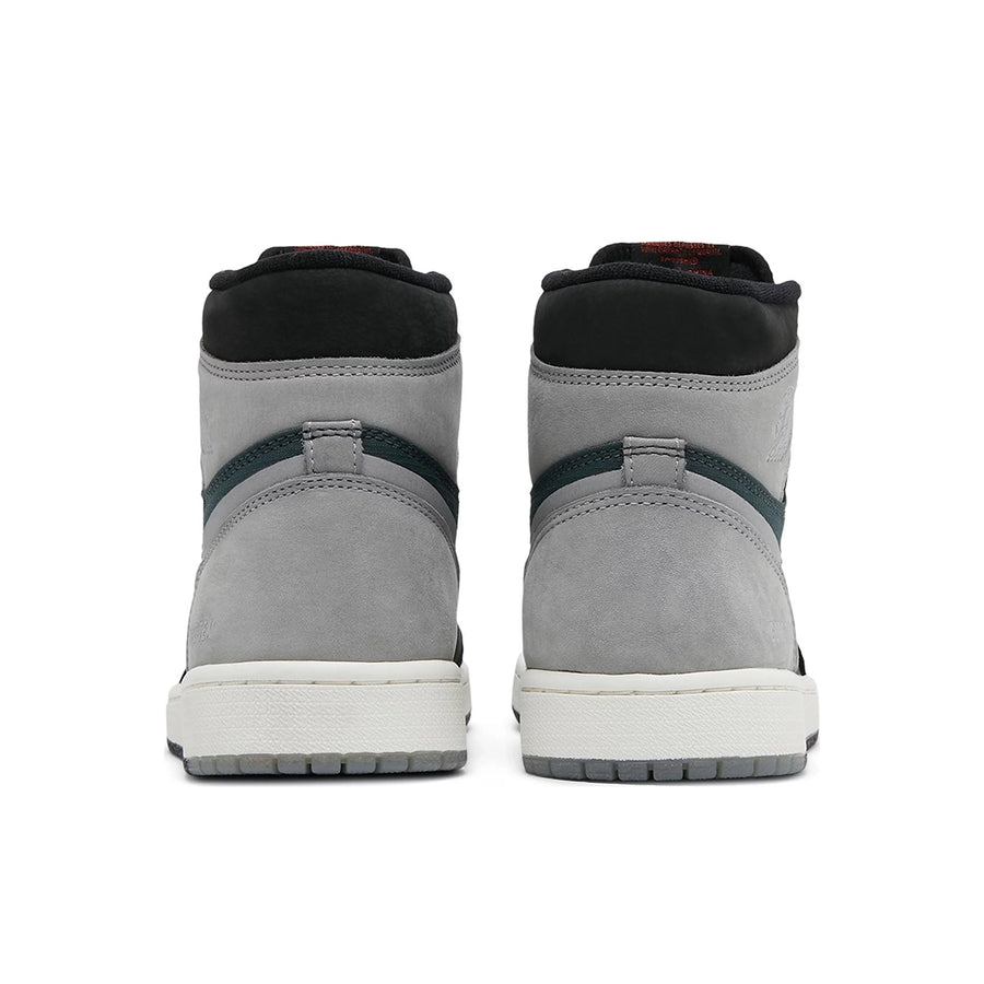 Heels of the Nike Air Jordan 1 Retro High Element Gore-Tex Black Particle Grey basketball shoes in black, grey and dark green