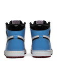 Heels of the Nike Air Jordan 1 Retro High OG Fearless UNC Chicago basketball shoes in white and blue
