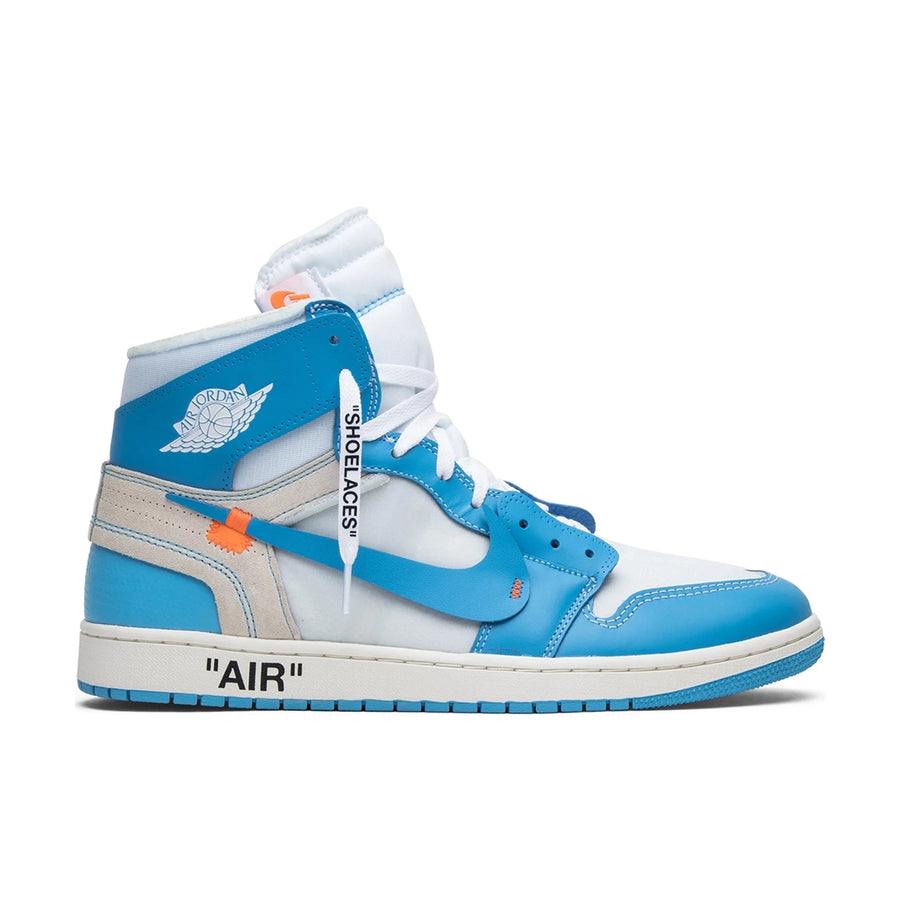 Side of the Nike Air Jordan 1 Retro High Off-White University blue basketball shoes in blue and white