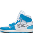 Side of the Nike Air Jordan 1 Retro High Off-White University blue basketball shoes in blue and white