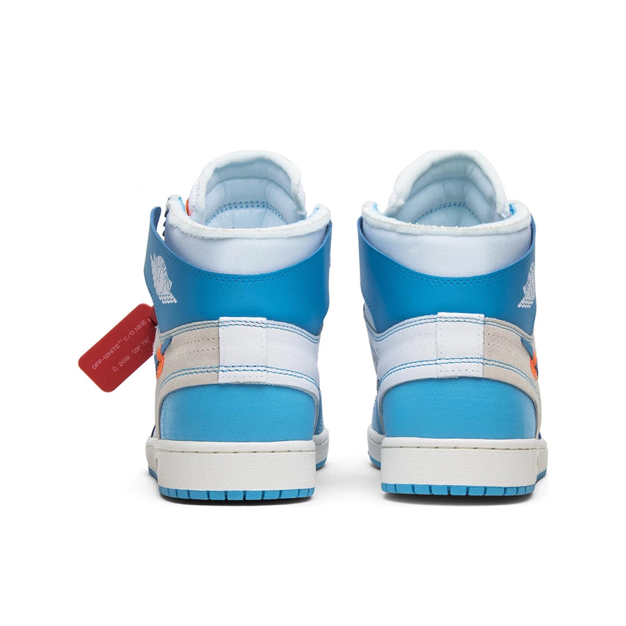 Heels of the Nike Air Jordan 1 Retro High Off-White University blue basketball shoes in blue and white
