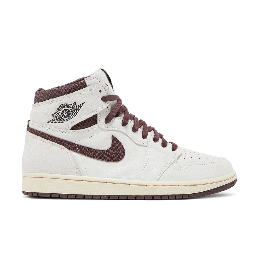 Side of the Air Jordan 1 A Ma Maniere is in a cream and maroon colourway