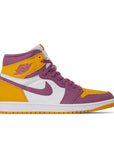 Side of the Nike Air Jordan 1 Retro High Brotherhood basketball shoes in gold, purple and white