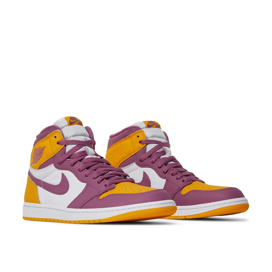 A pair of Nike Air Jordan 1 Retro High Brotherhood basketball shoes in gold, purple and white
