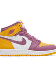 Side of the grade school Nike Air Jordan 1 Retro High OG Brotherhood GS basketball shoes in yellow, purple and white