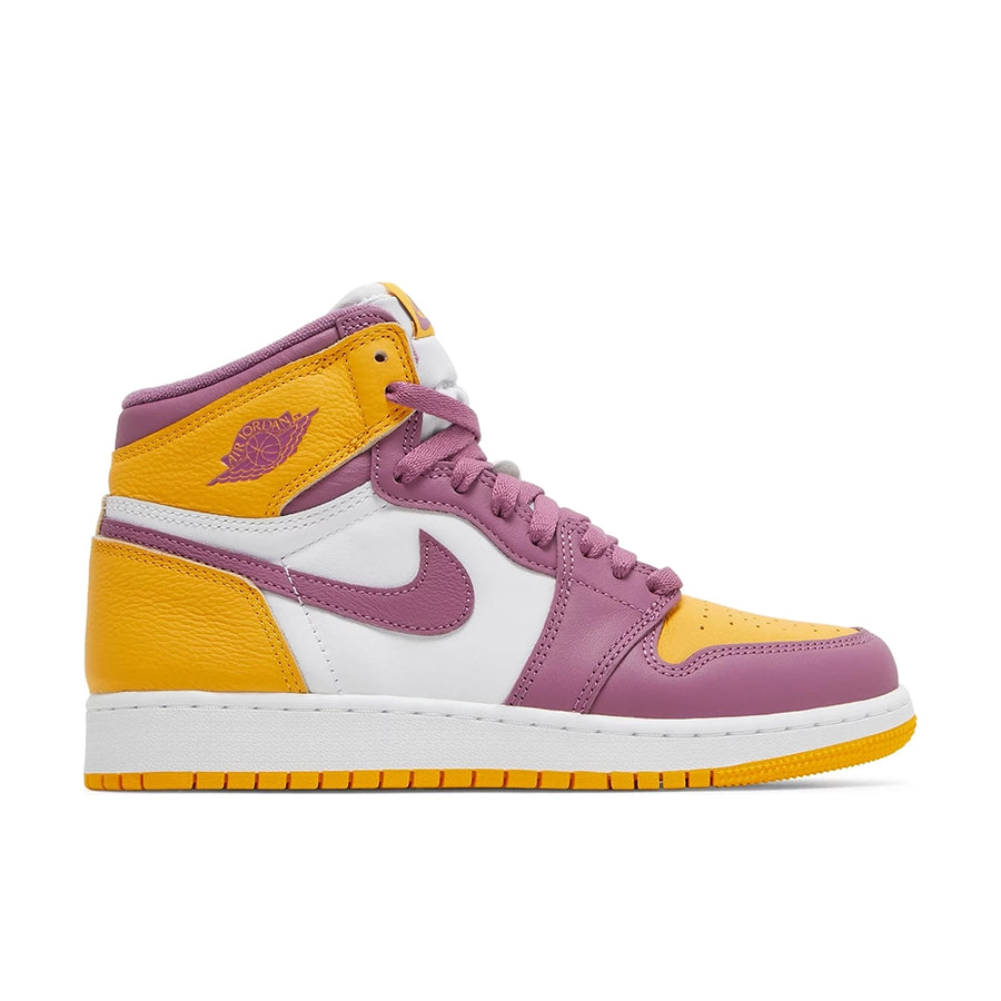 Side of the grade school Nike Air Jordan 1 Retro High OG Brotherhood GS basketball shoes in yellow, purple and white