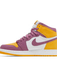 Side of the grade school Nike Air Jordan 1 Retro High OG Brotherhood GS basketball shoes in yellow, purple and white