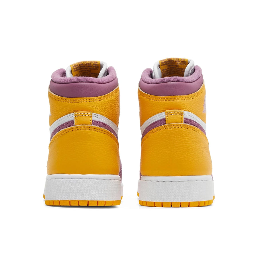 Heels of the grade school Nike Air Jordan 1 Retro High OG Brotherhood GS basketball shoes in yellow, purple and white
