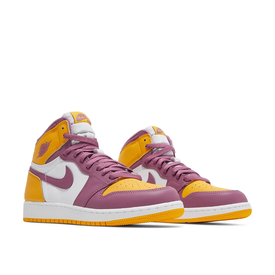 A pair of grade school Nike Air Jordan 1 Retro High OG Brotherhood GS basketball shoes in yellow, purple and white