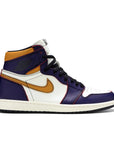 Side of the Nike Air Jordan 1 Retro High OG Defiant SB LA to Chicago basketball shoes in purple and gold