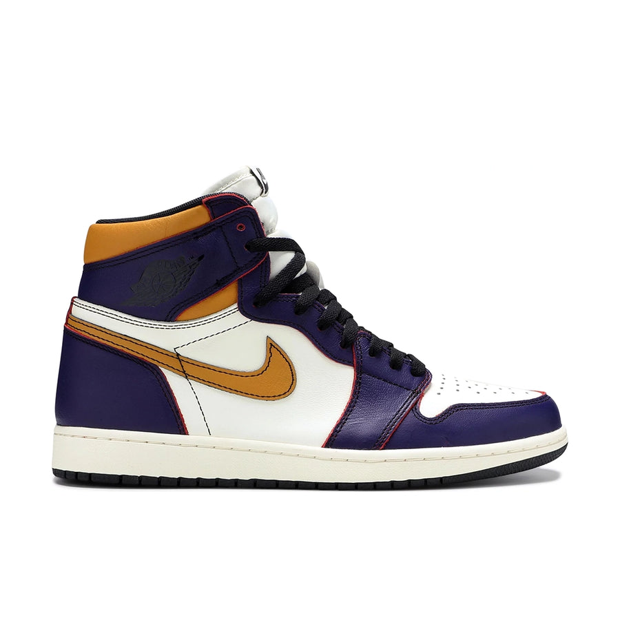 Side of the Nike Air Jordan 1 Retro High OG Defiant SB LA to Chicago basketball shoes in purple and gold