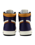 Heels of the Nike Air Jordan 1 Retro High OG Defiant SB LA to Chicago basketball shoes in purple and gold