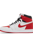 Side of the Nike Air Jordan 1 Retro High OG Heritage basketball shoes in red and white