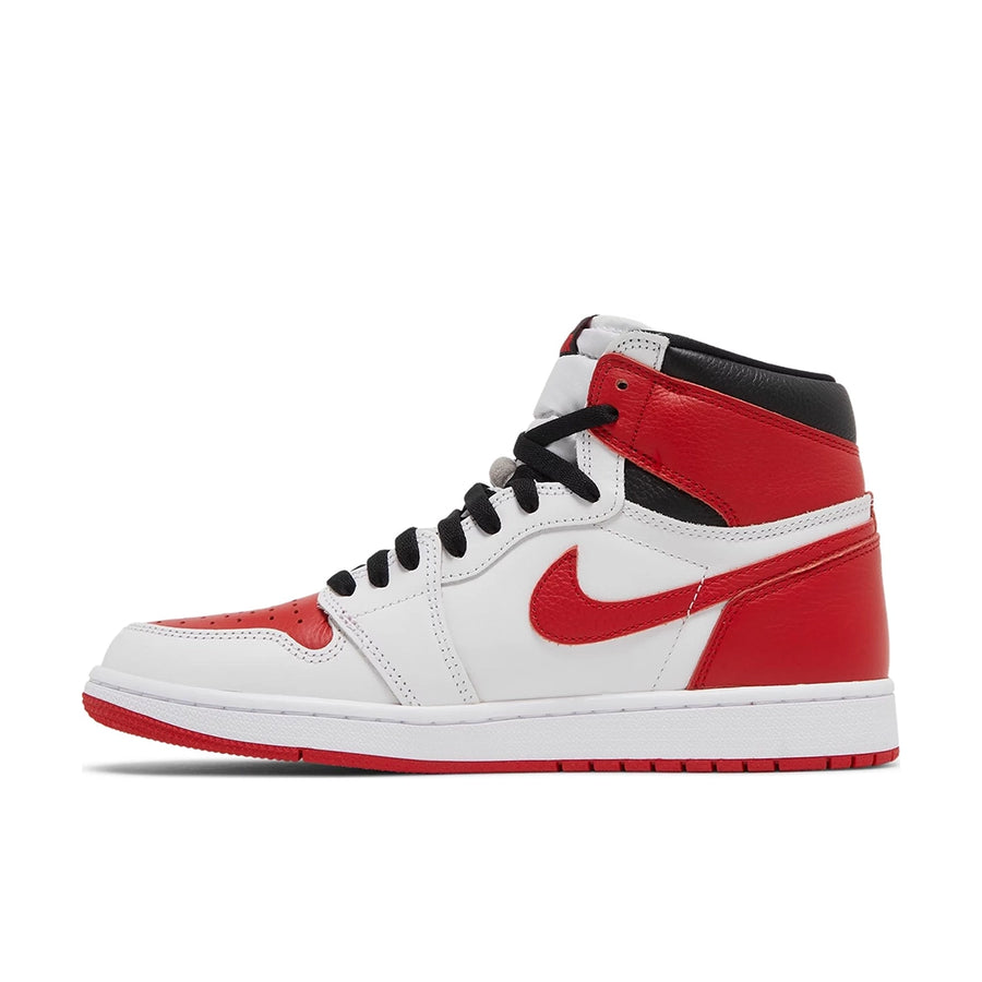 Side of the Nike Air Jordan 1 Retro High OG Heritage basketball shoes in red and white