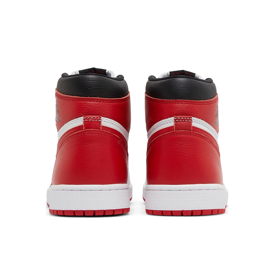 Heels of the Nike Air Jordan 1 Retro High OG Heritage basketball shoes in red and white