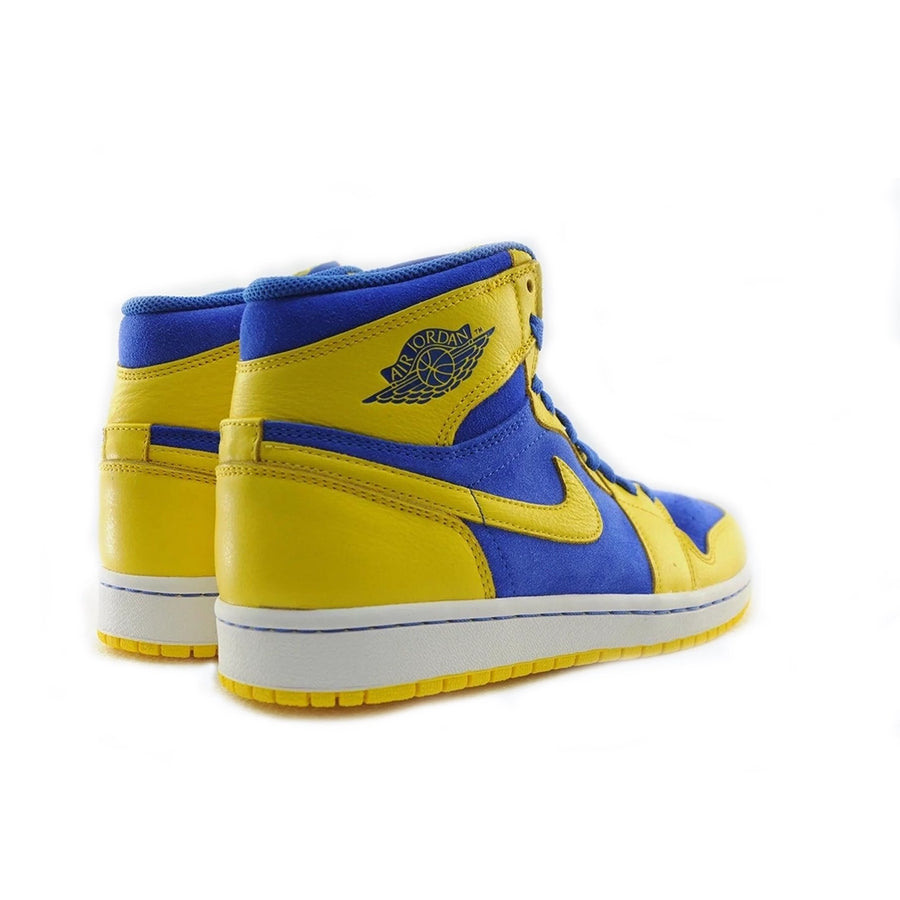 Heels of the Nike Air Jordan 1 Retro High OG Laney basketball shoes in yellow and blue