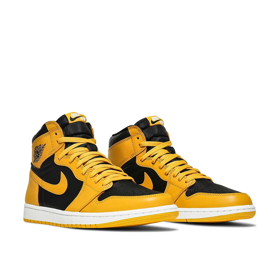A pair of Nike Air Jordan 1 Retro High Pollen basketball shoes in yellow and black