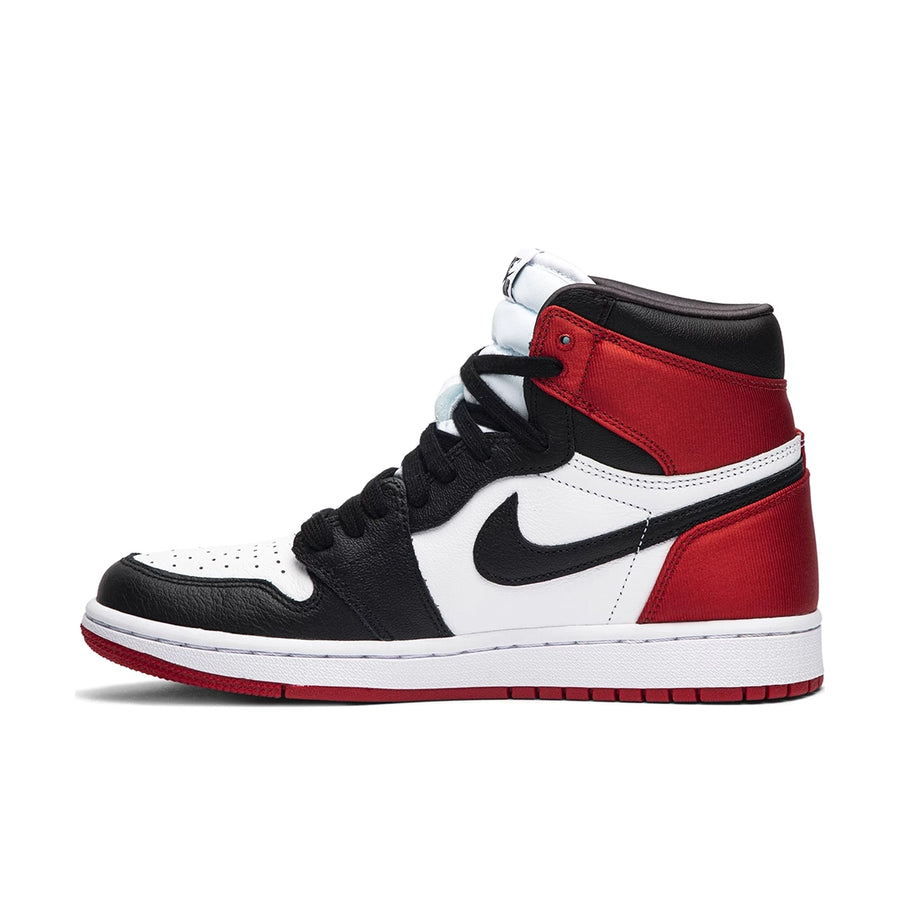 Side of the women's Nike Air Jordan 1 Retro High Satin-Black basketball shoes in black, red and white