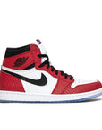 Side of the Nike Air Jordan 1 Retro High Spider-Man Origin Story basketball shoes in red and white