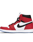 Side of the Nike Air Jordan 1 Retro High Spider-Man Origin Story basketball shoes in red and white