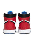 Heels of the Nike Air Jordan 1 Retro High Spider-Man Origin Story basketball shoes in red and white