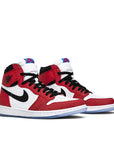 A pair of Nike Air Jordan 1 Retro High Spider-Man Origin Story basketball shoes in red and white
