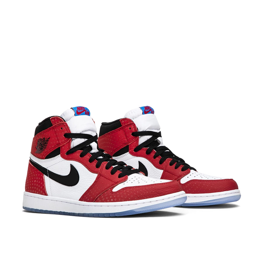A pair of Nike Air Jordan 1 Retro High Spider-Man Origin Story basketball shoes in red and white