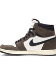 Side of Nike Air Jordan 1 Retro High Travis Scott basketball shoes in mocha, white and black