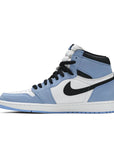 Side of Nike Air Jordan 1 Retro High White University Blue Black basketball shoes in white and blue