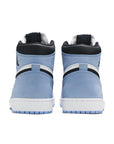 Heels of the Nike Air Jordan 1 Retro High White University Blue Black basketball shoes in white and blue