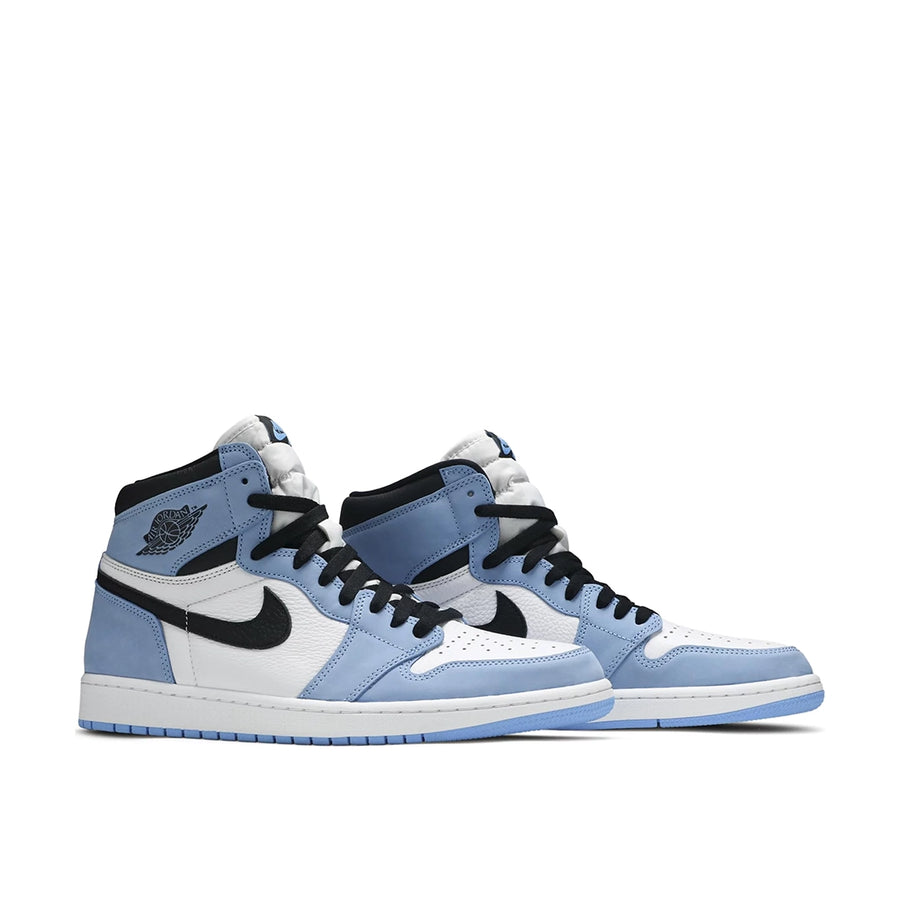 A pair of Nike Air Jordan 1 Retro High White University Blue Black basketball shoes in white and blue