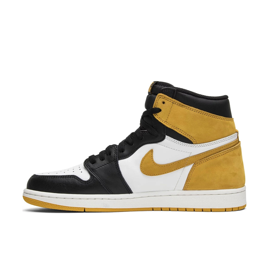 Side of the Nike Air Jordan 1 High Yellow Ochre Michael Jordans in white, black and ochre