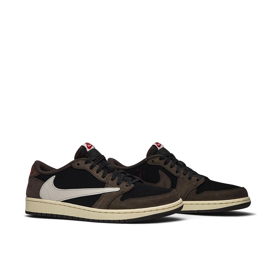 A pair of Nike Air Jordan 1 Retro Low OG SP Travis Scott sneakers in brown, black and white