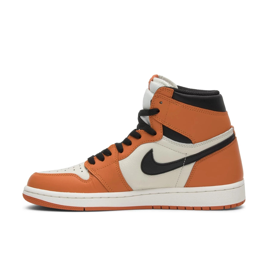 Side of the Nike Air Jordan 1 Retro Reverse Shattered Backboard basketball sneakers in orange and white